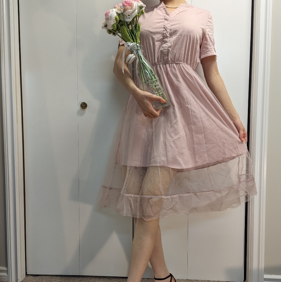 Blush Pink Tulle Overlay Knee-Length Dress - Picture 5 of 6